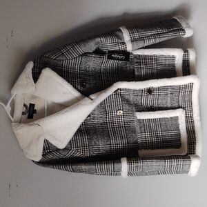 Coffeeshop Plaid Tweed Peacoat Faux Fur‎ Academia City Girl Preppy Women L NEW